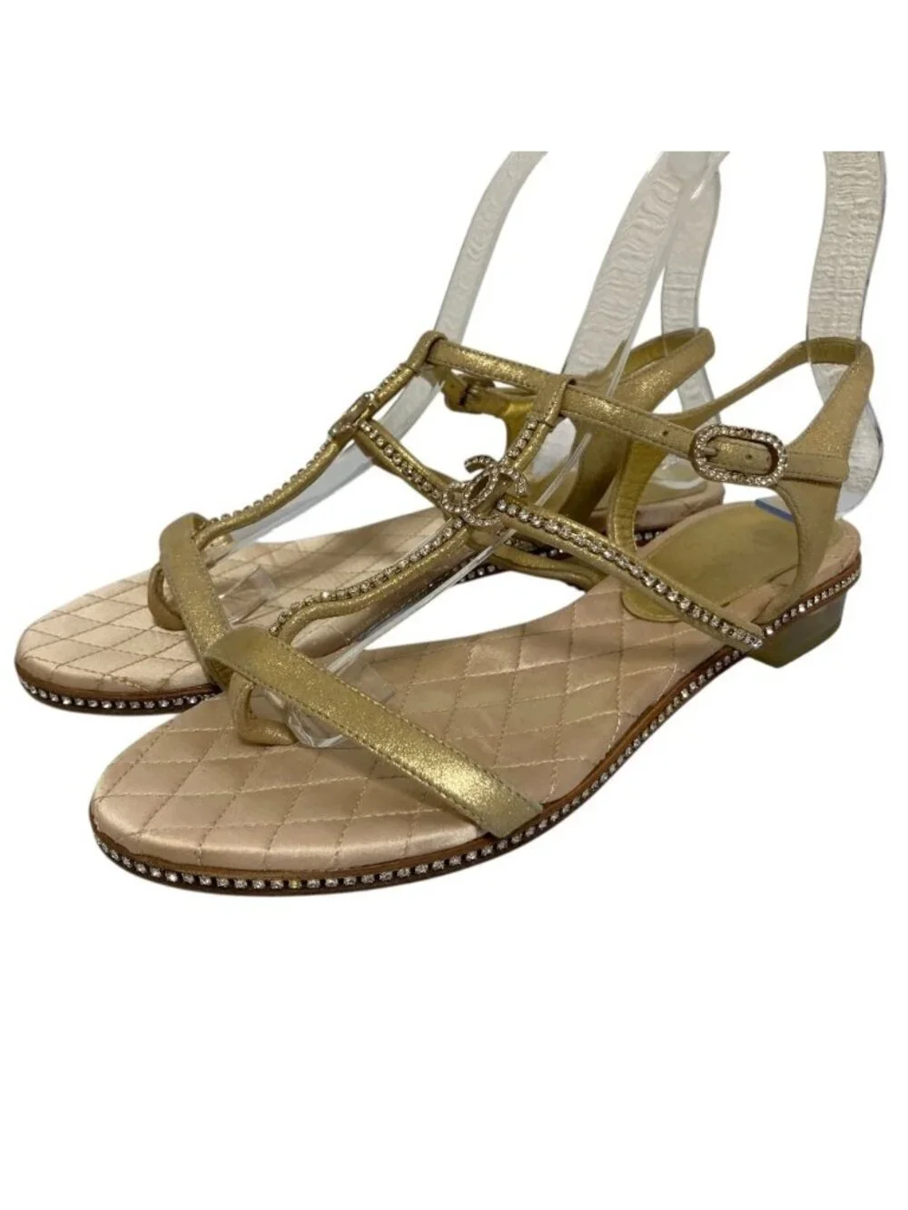 Chanel CC Logo Rhinestone Ankle Strap Flat Sandals 37C Gold